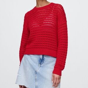 Gap Women's Red 100% Cotton Crochet Knit Crewneck Sweater